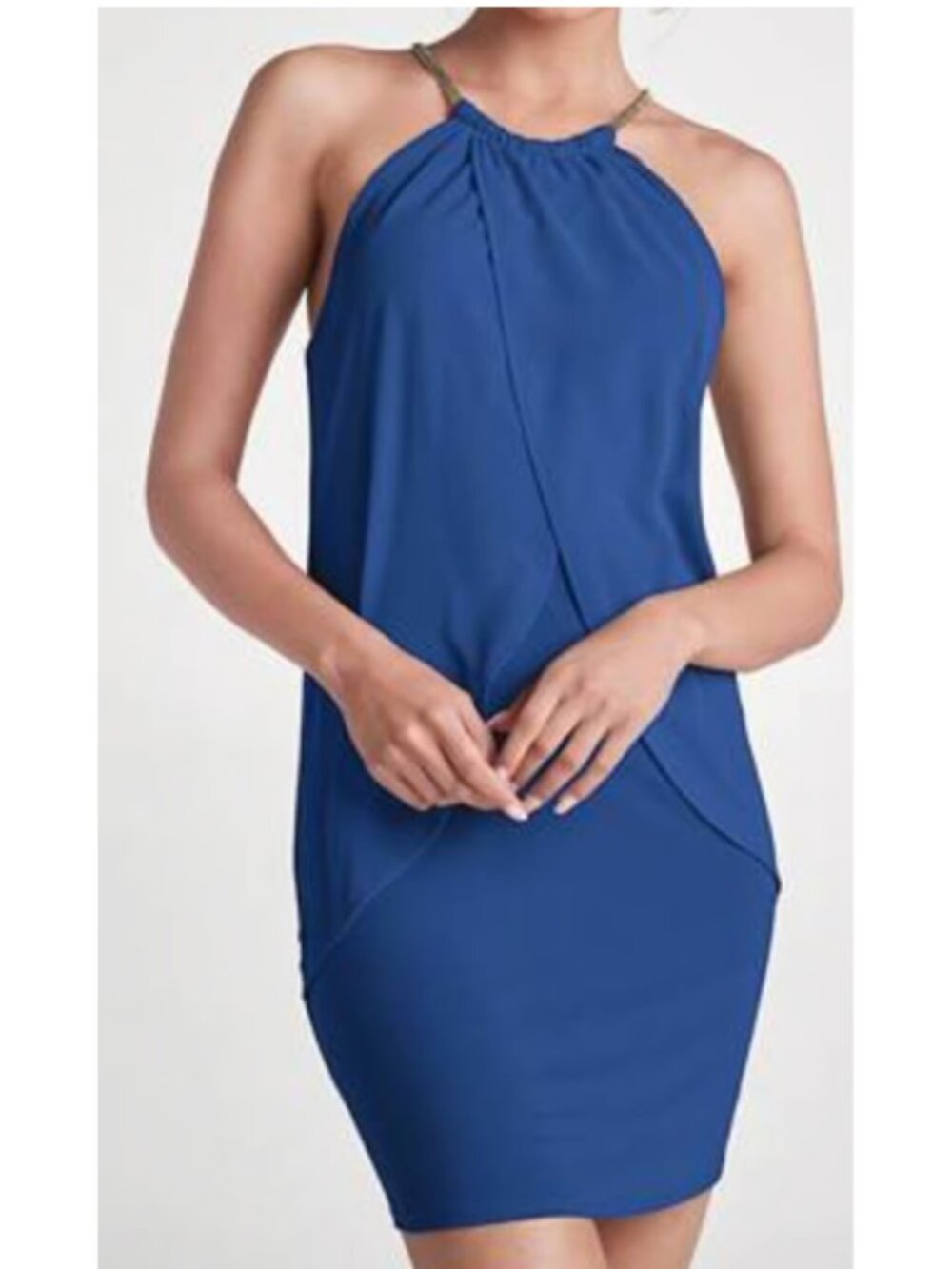 Venus Chiffon Overlay Bodycon Dress Blue Chain neck Size XS